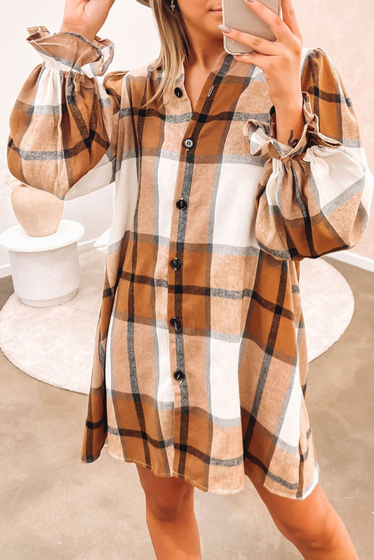Plaid Collared Neck Ruffled Sleeve Shirt Dress image 0