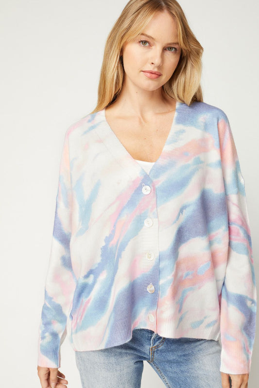 Multi-colored tie dye print cardigan featuring button closure at front image 0
