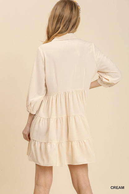 Cream Empire Waist Collared Button Up Tiered Dress image 2