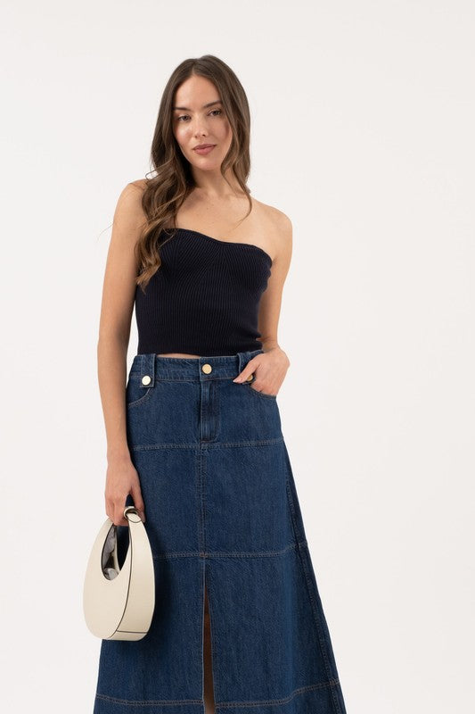 Navy strapless sweater knit tube top image 3