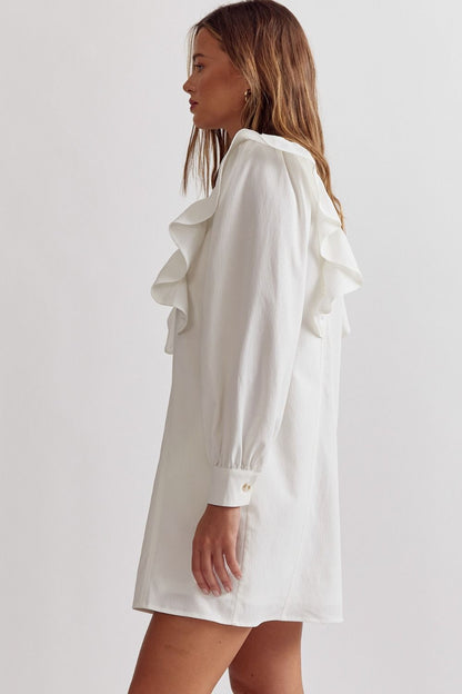 White v-neck button front long sleeve mini dress image 2