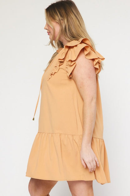 V-neck ruffle sleeve tiered mini dress featuring self tie closure at front image 2