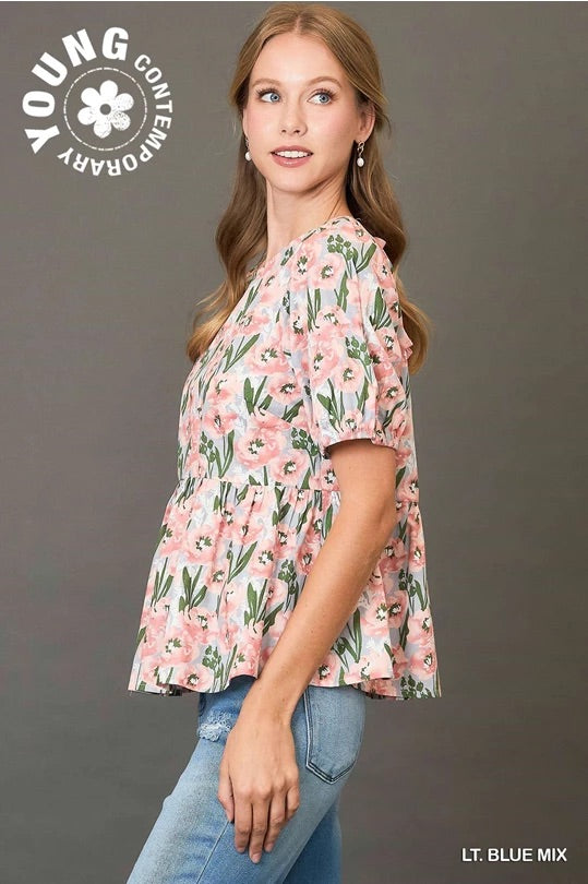 Floral Print Peplum Top with Back Ribbon Details image 4