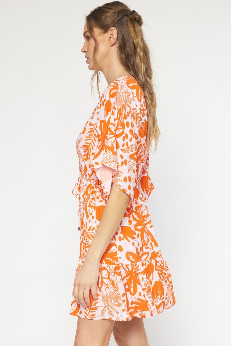 Orange Floral print v-neck 1/2 sleeve mini dress image 2