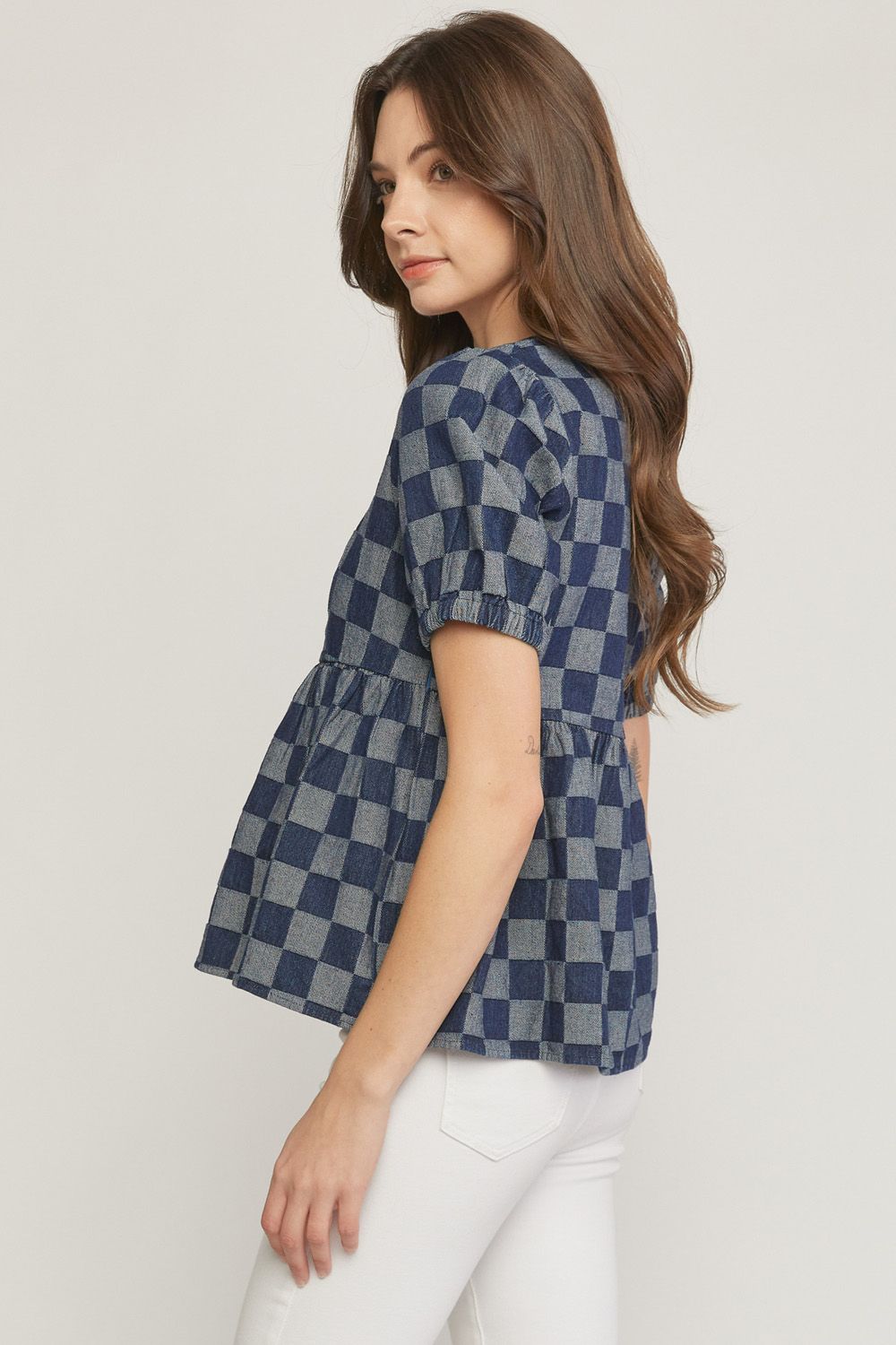 Checkered print denim square neck puff sleeve peplum top. image 2