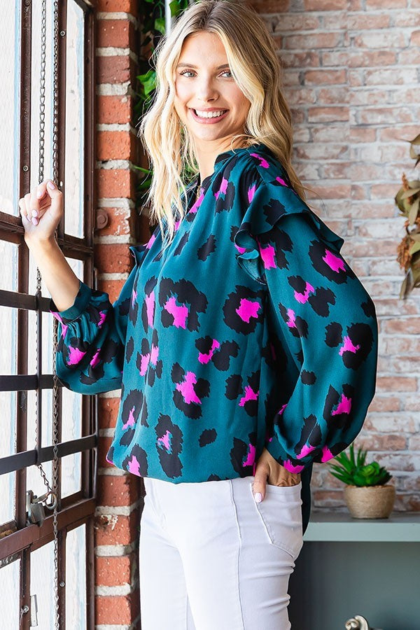 Leopard Print Split Neck Long Sleeve Blouse image 8