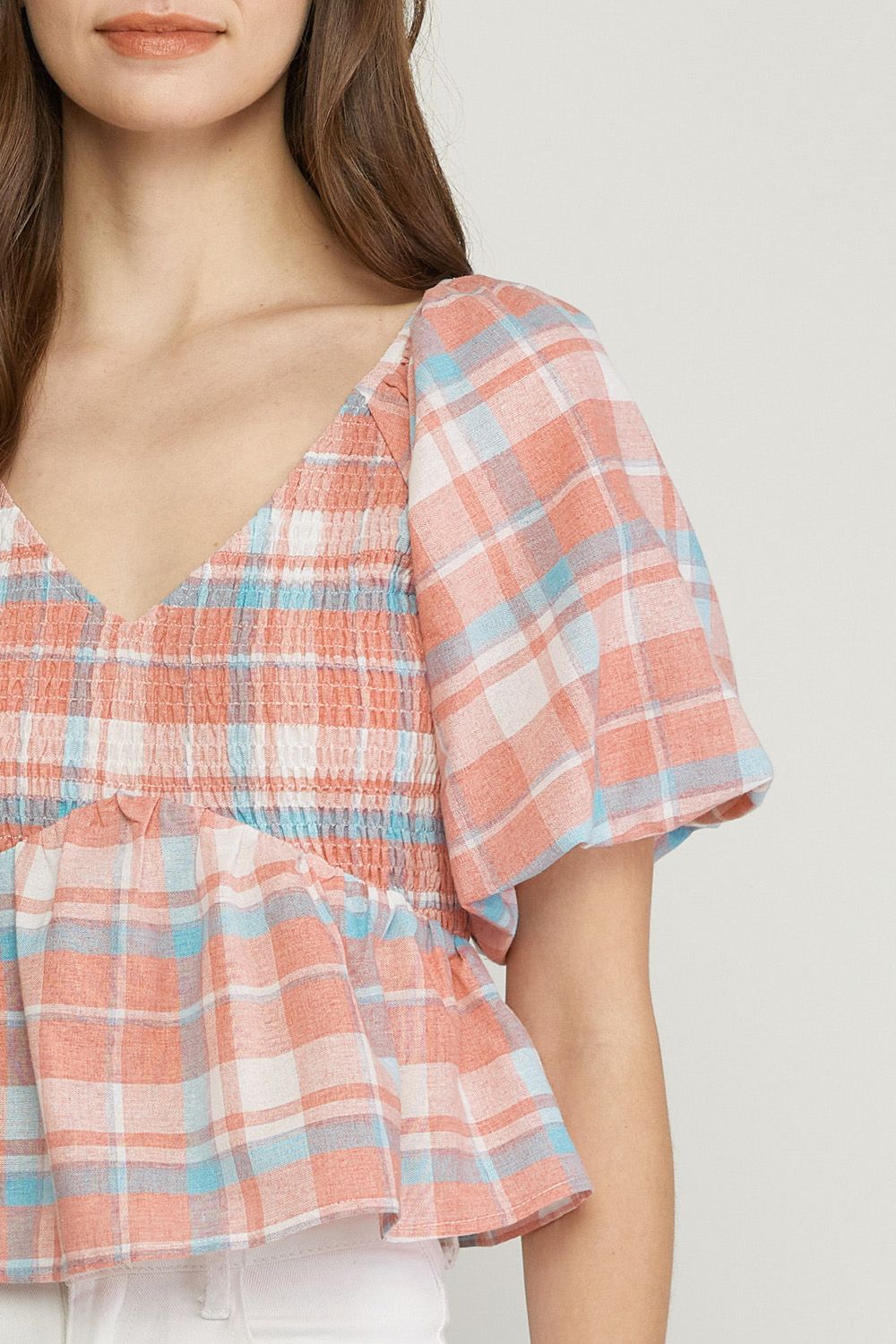 Peach plaid print v neck bubble sleeve peplum top image 5