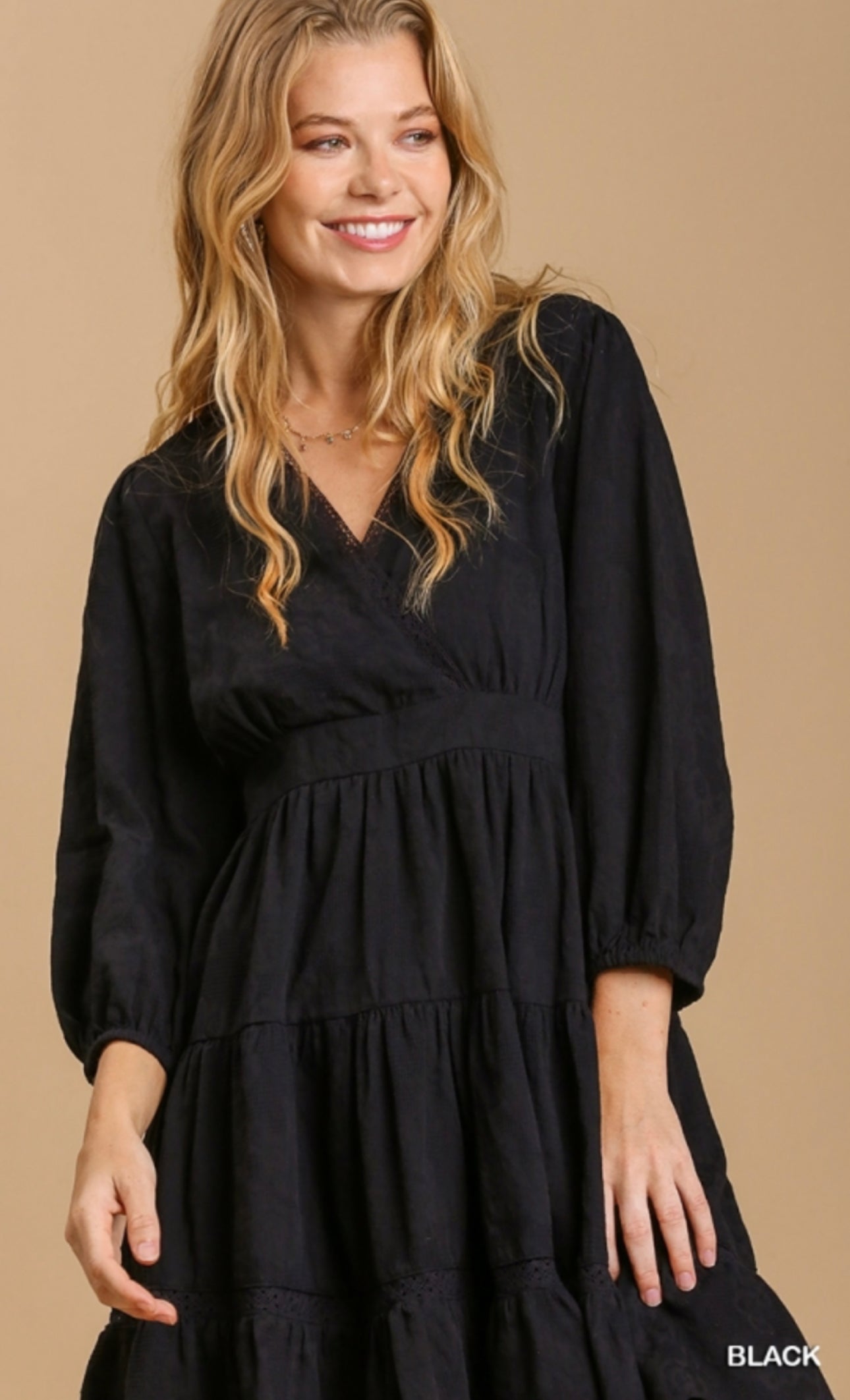 Black Eyelet Detail Tiered Dress 3/4 Sleeves with No Lining image 1