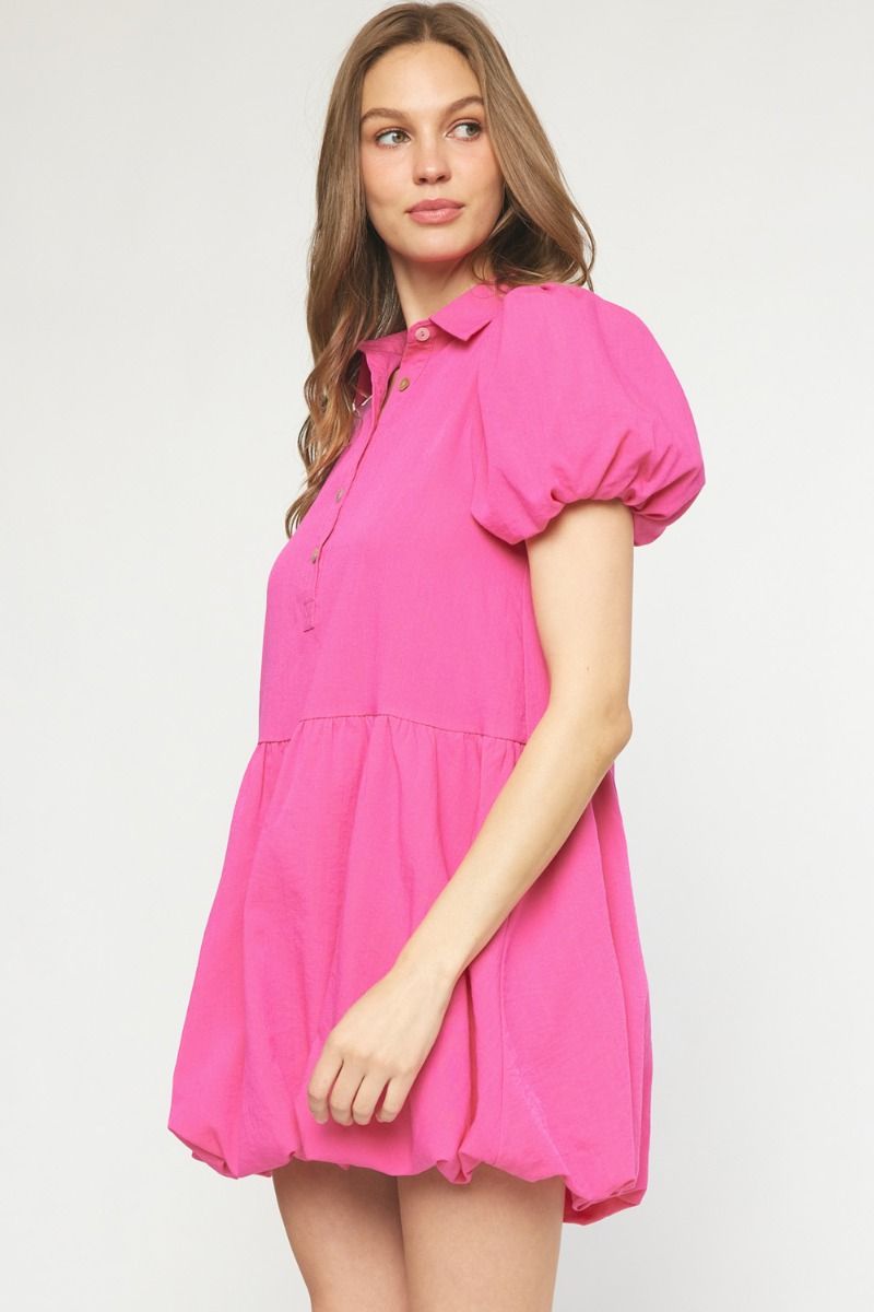 Hot pink solid collared button up dress featuring bubble hem and sleeves. image 1