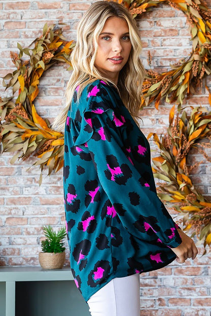 Leopard Print Split Neck Long Sleeve Blouse image 1