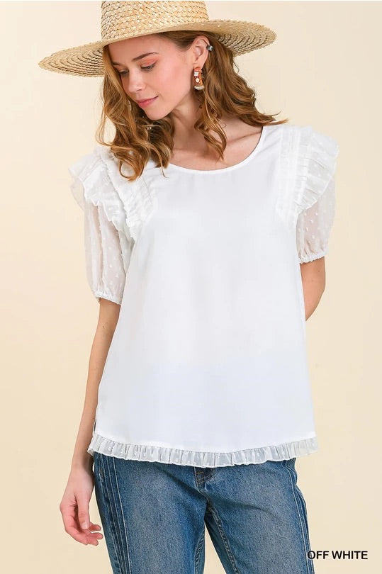  Mesh Polka Dot Puff Sleeve Top with Ruffle Trim Shoulder with No Lining image 0