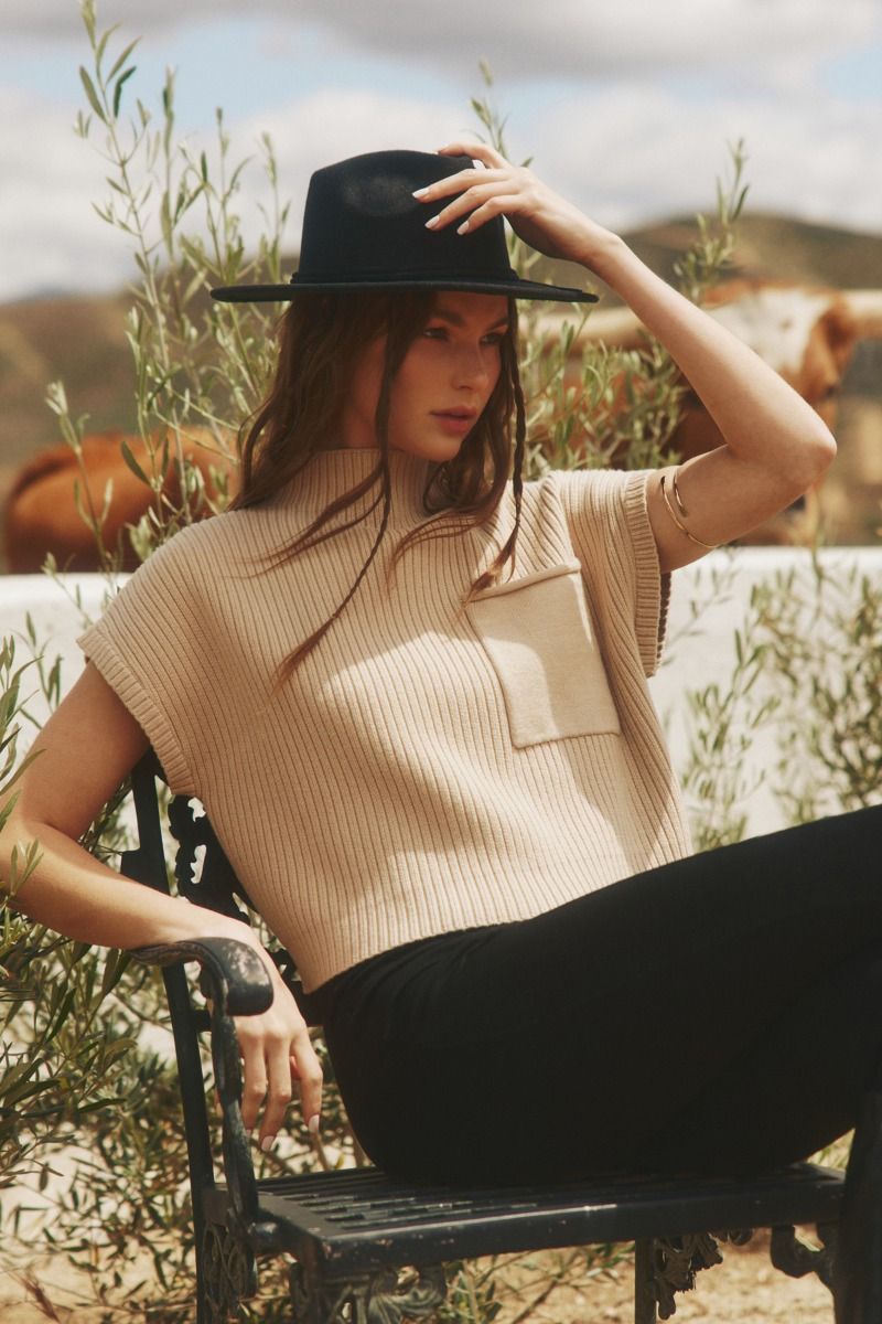 Solid knitted mock neck cropped top featuring single pocket detail. image 1