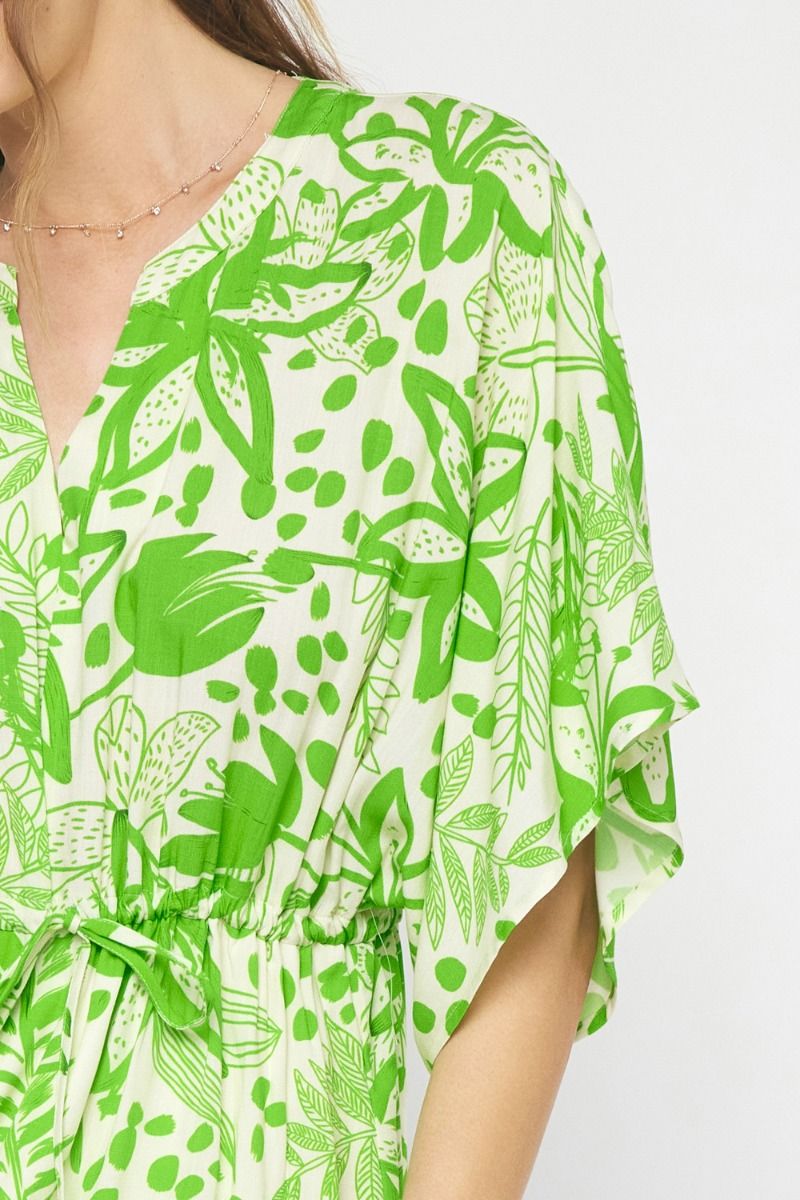 Green floral print v-neck 1/2 sleeve mini dress image 5