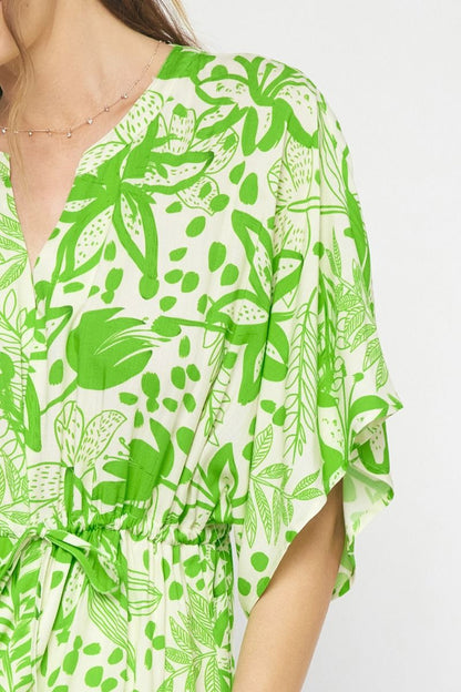 Green floral print v-neck 1/2 sleeve mini dress image 5