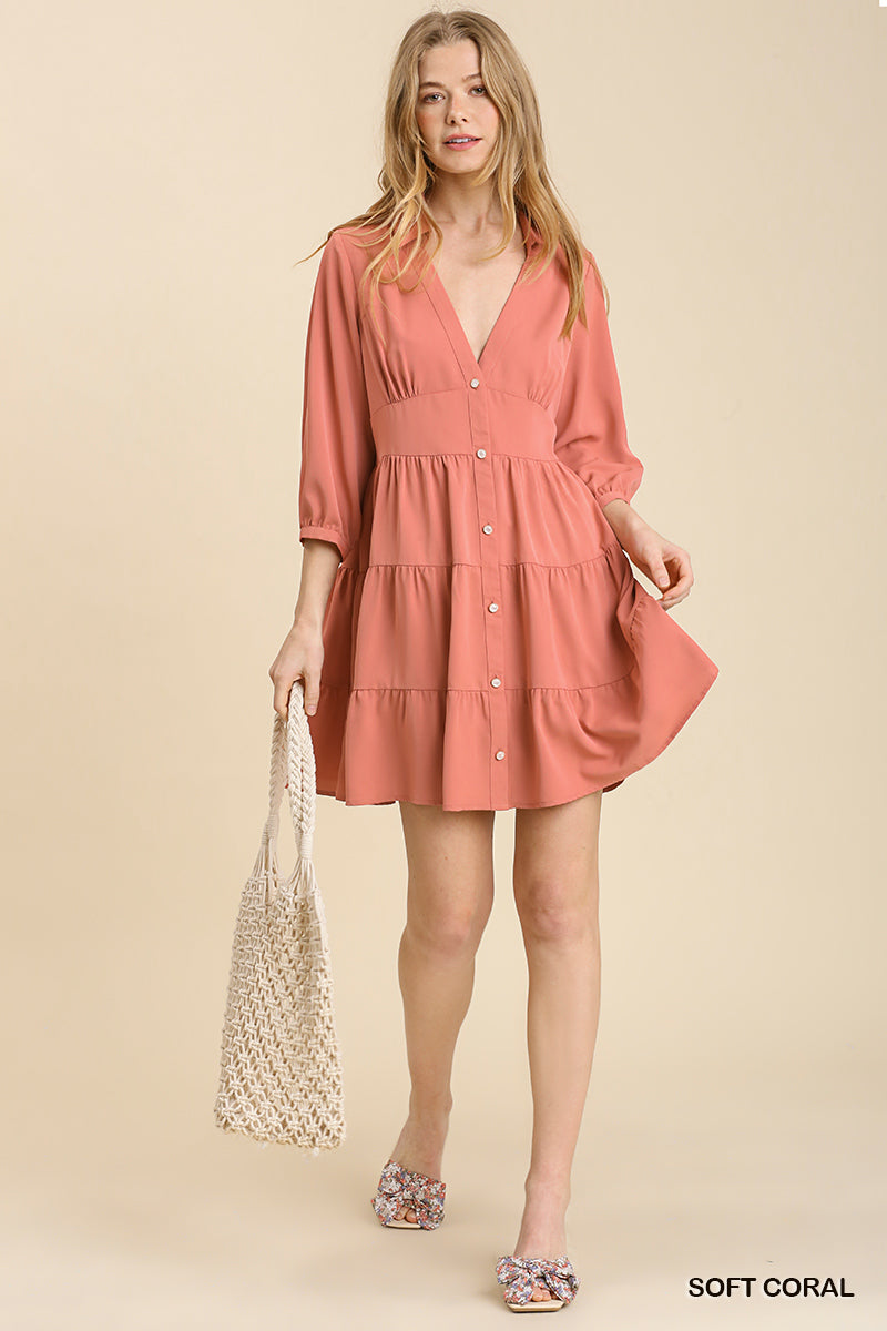 Soft Coral  Empire Waist Collared Button Up Tiered Dress image 1