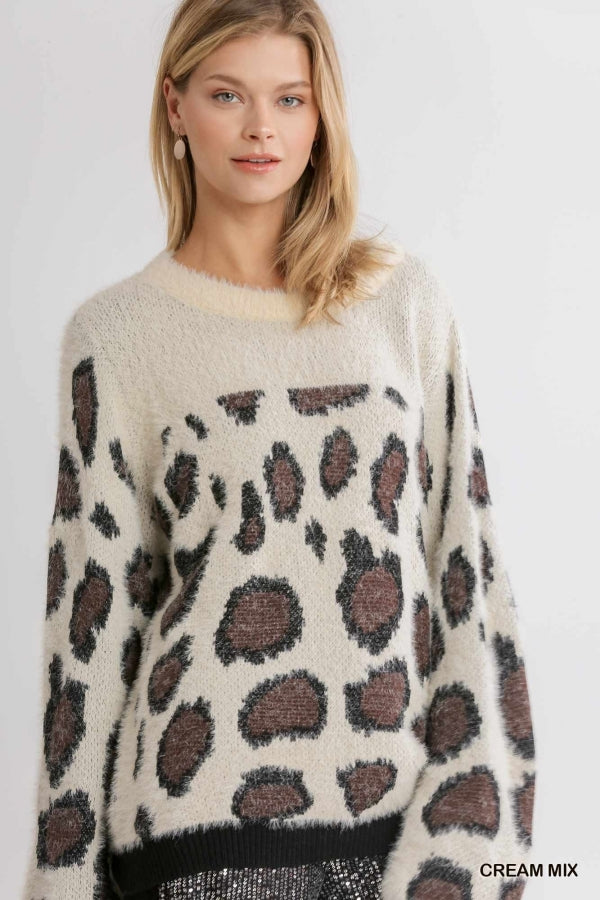 Cream Mix Animal Print Round Neck Pullover Sweater with Contrasted Ribbed Hem image 0