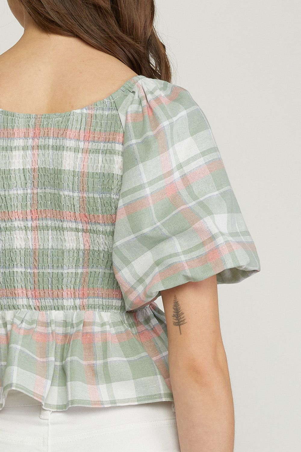 Sage plaid print v neck bubble sleeve peplum top image 6
