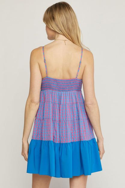 Gingham print v-neck spaghetti strap tiered mini dress  image 3