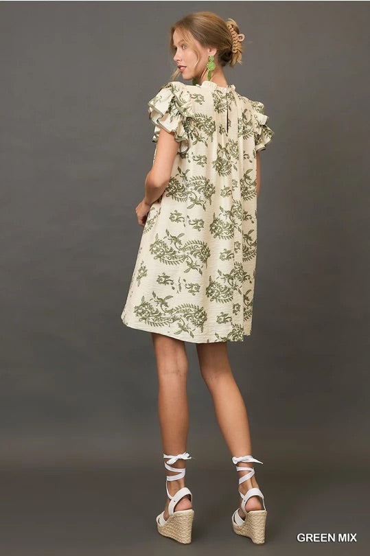 Green Paisley Print Tiered Mini Dress image 4