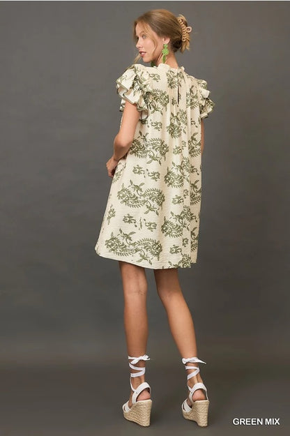 Green Paisley Print Tiered Mini Dress image 4