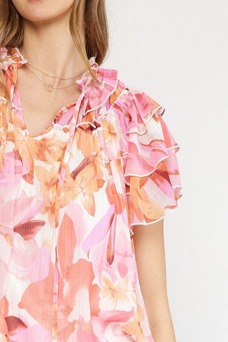 Floral print v-neck ruffle sleeve top featuring self tie at front neck. image 5