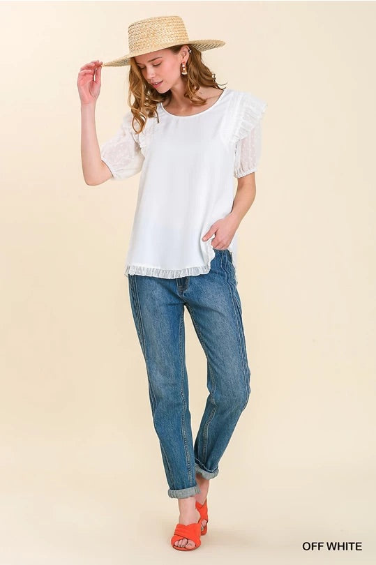  Mesh Polka Dot Puff Sleeve Top with Ruffle Trim Shoulder with No Lining image 1