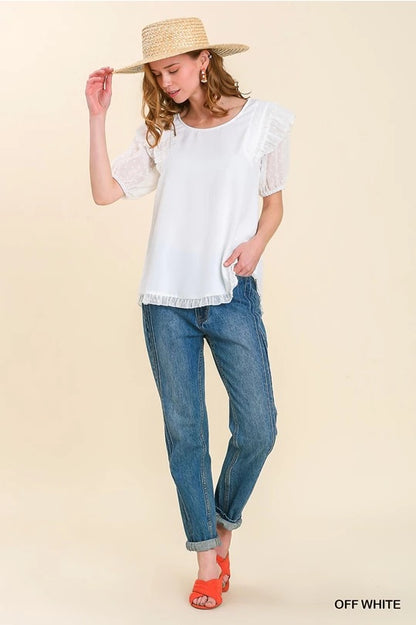  Mesh Polka Dot Puff Sleeve Top with Ruffle Trim Shoulder with No Lining image 1