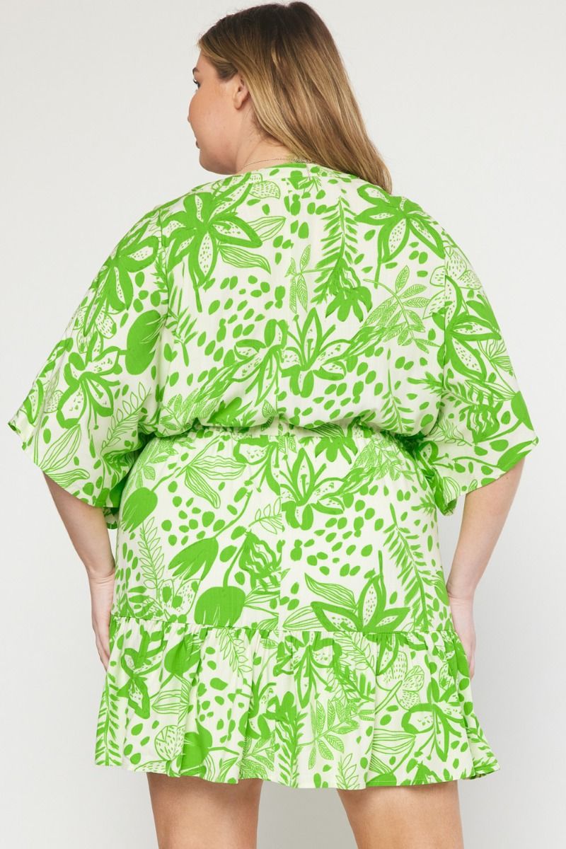 Green floral print v-neck 1/2 sleeve mini dress image 10