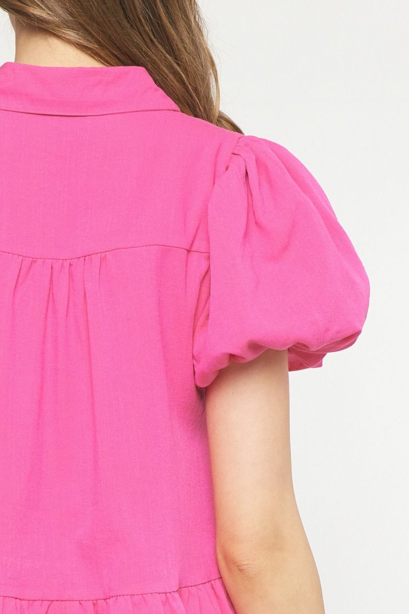 Hot pink solid collared button up dress featuring bubble hem and sleeves. image 6
