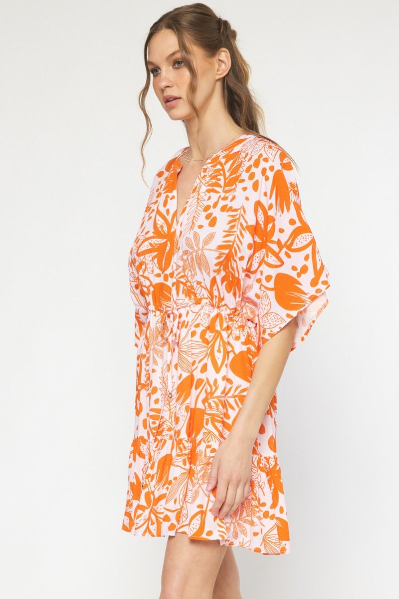 Orange Floral print v-neck 1/2 sleeve mini dress image 1