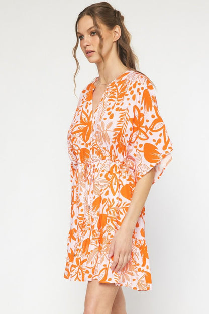 Orange Floral print v-neck 1/2 sleeve mini dress image 1