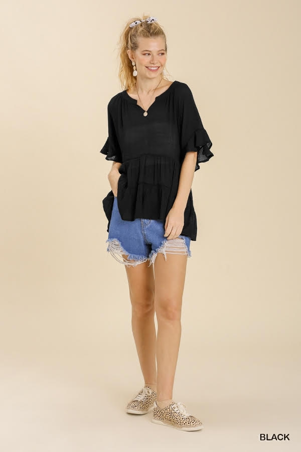 Mandarin Collar Split Neck Bell Ruffle Sleeve Tiered Top image 1