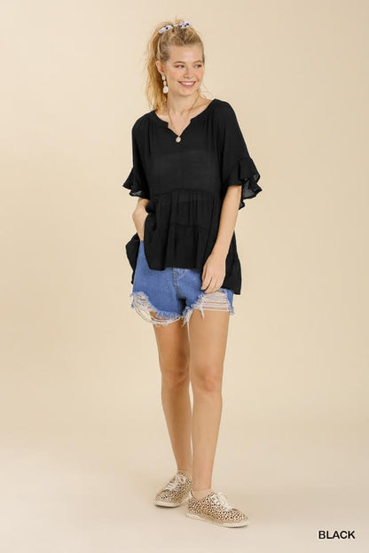 Mandarin Collar Split Neck Bell Ruffle Sleeve Tiered Top image 1