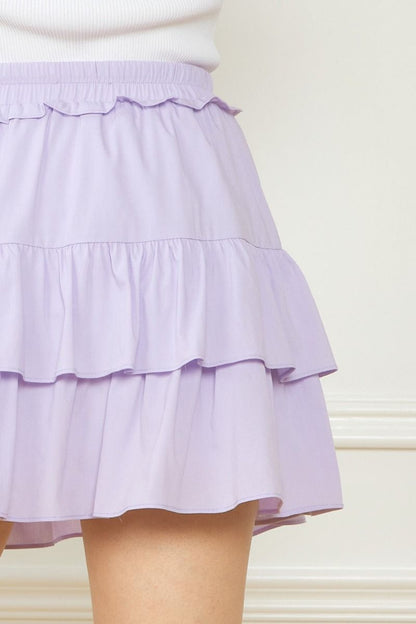 High-waisted tiered mini skirt featuring ruffle detail. Drawstring elastic waist image 6