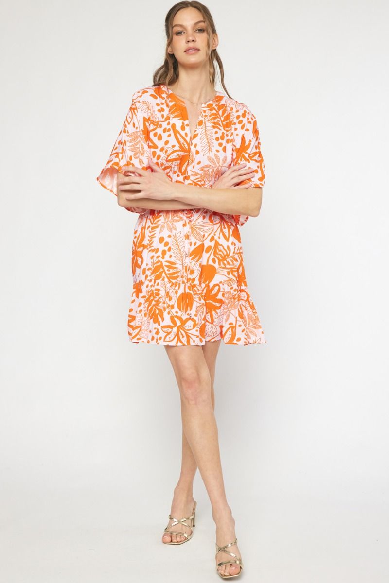 Orange Floral print v-neck 1/2 sleeve mini dress image 4