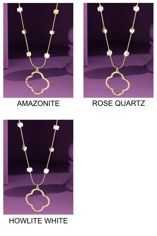 Howlite white brass beaded necklace with clover pendant image 1