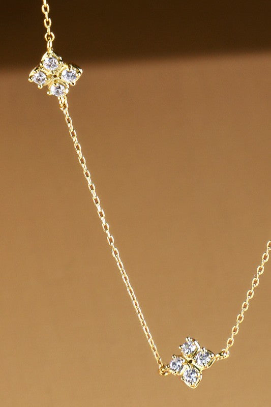 Gold brass pave clover station necklace image 1