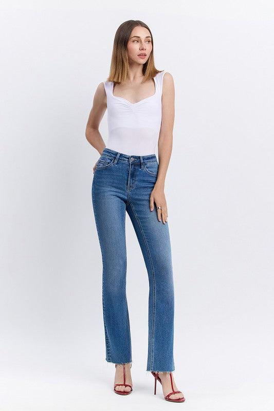 High rise clean cut raw hem bootcut jeans image 2