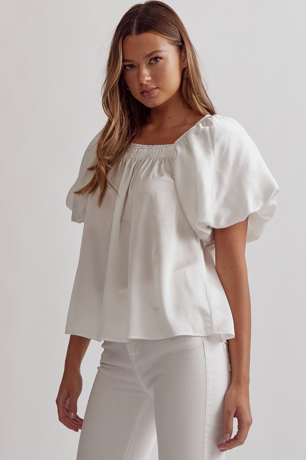 Off white satin square neck bubble sleeve top image 1