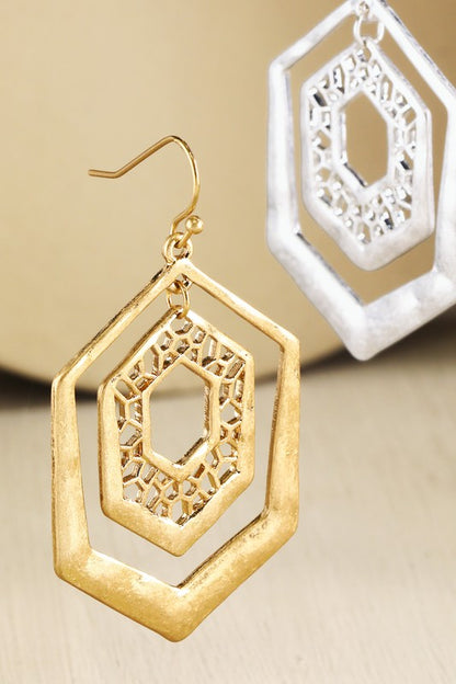 Gold hammered hexagon filigree earrings image 1