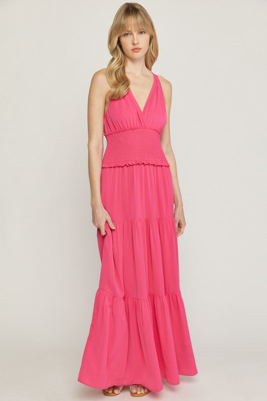 Pink solid v-neck sleeveless tiered maxi dress  image 0