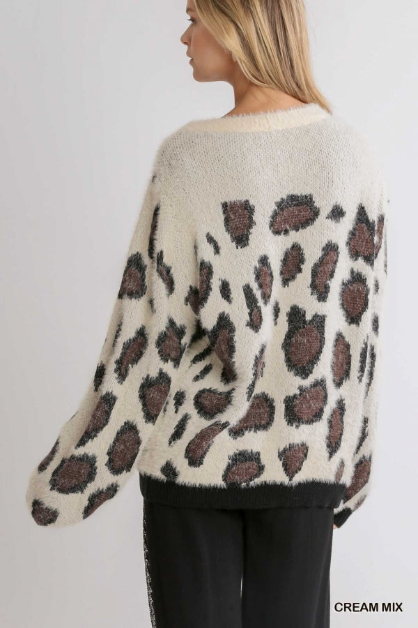Cream Mix Animal Print Round Neck Pullover Sweater with Contrasted Ribbed Hem image 1