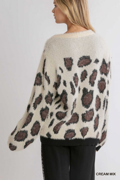 Cream Mix Animal Print Round Neck Pullover Sweater with Contrasted Ribbed Hem image 1