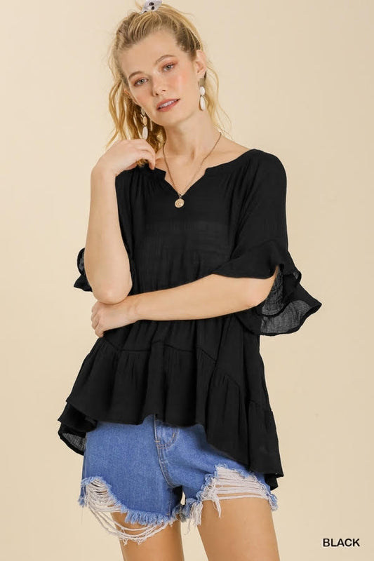 Mandarin Collar Split Neck Bell Ruffle Sleeve Tiered Top image 0