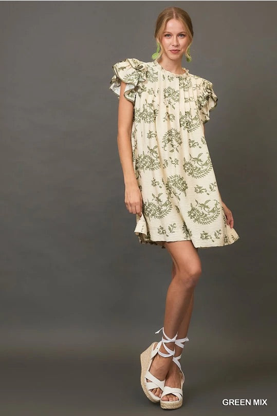 Green Paisley Print Tiered Mini Dress image 1