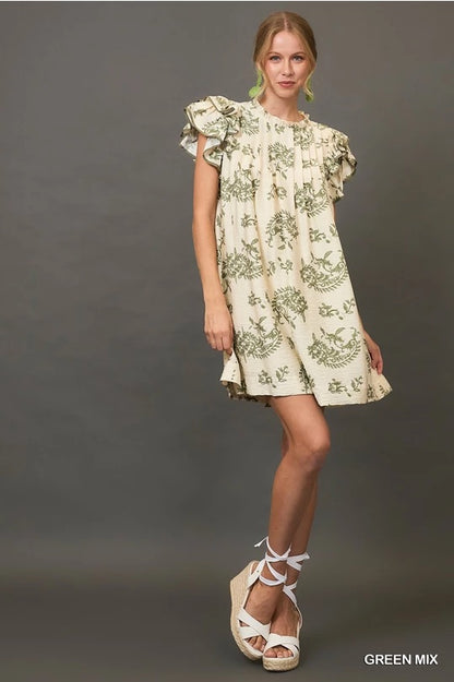 Green Paisley Print Tiered Mini Dress image 1