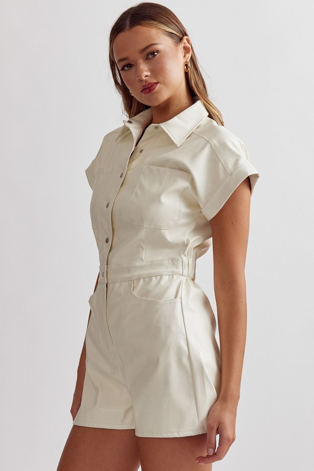Faux leather collared button up romper  image 1