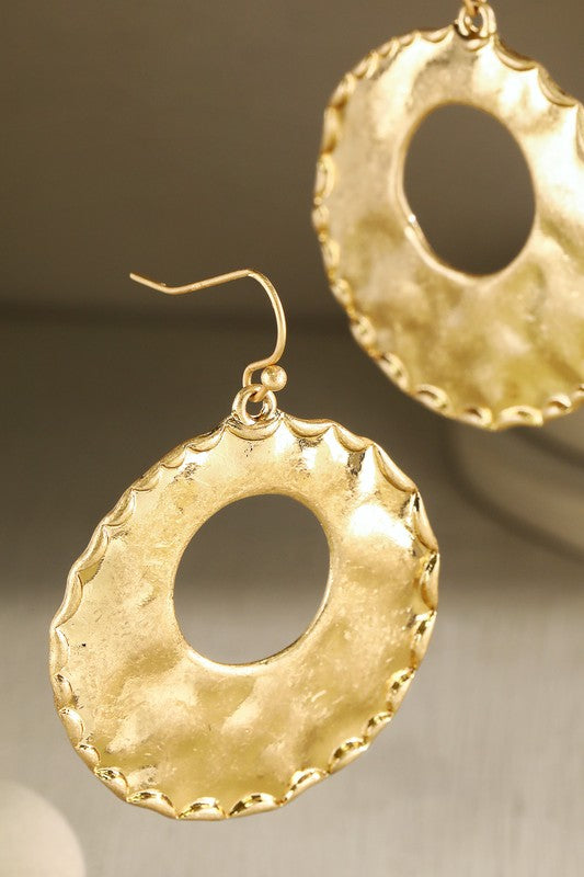 Gold hammered wave disc earrings image 0