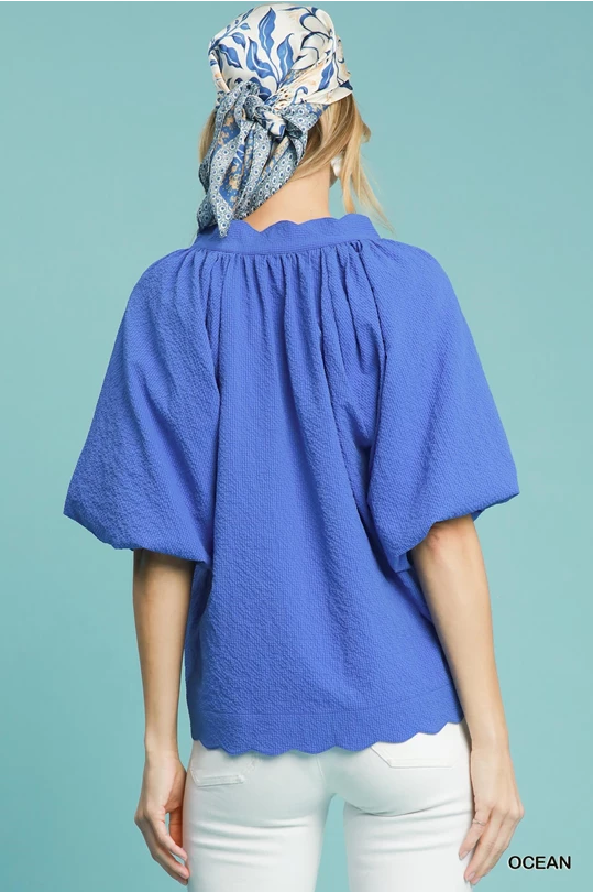 Ocean Blue Bubbled Sleeved Seersucker Top image 2