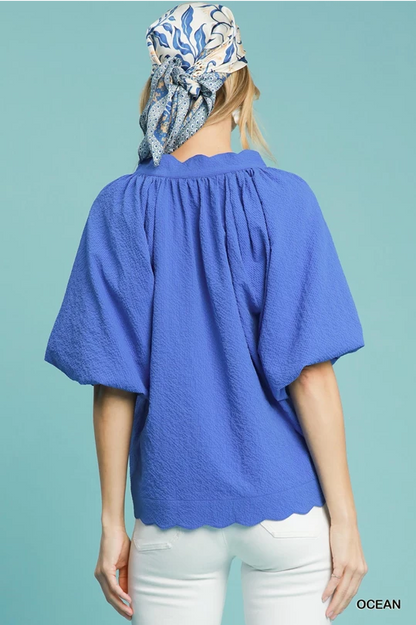 Ocean Blue Bubbled Sleeved Seersucker Top image 2